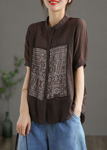 Coffee Stand Collar Print Patchwork Cotton Top Short Sleeve