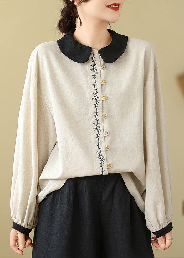 White Embroidered Patchwork Linen Shirts Spring