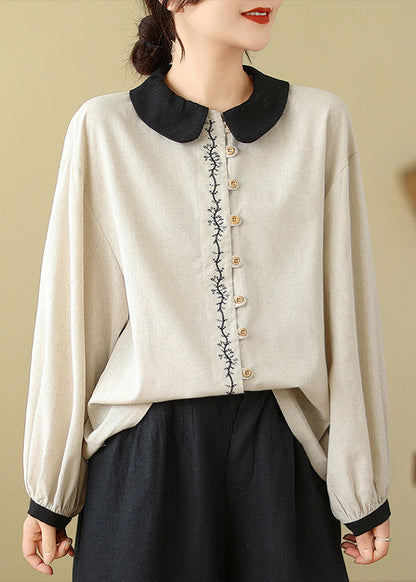 White Embroidered Patchwork Linen Shirts Spring