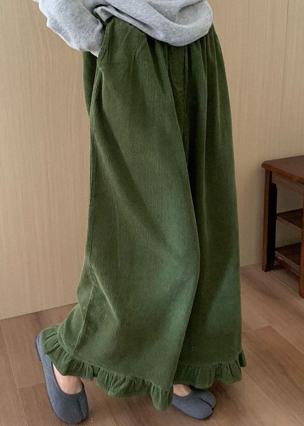 Original Green Ruffled Patchwork Corduroy Wide Leg Pants Winter