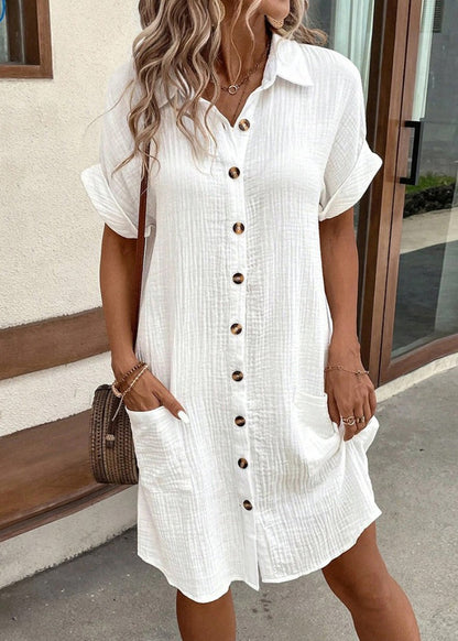 White Peter Pan Collar Button Pockets Cotton Shirt Dress Summer