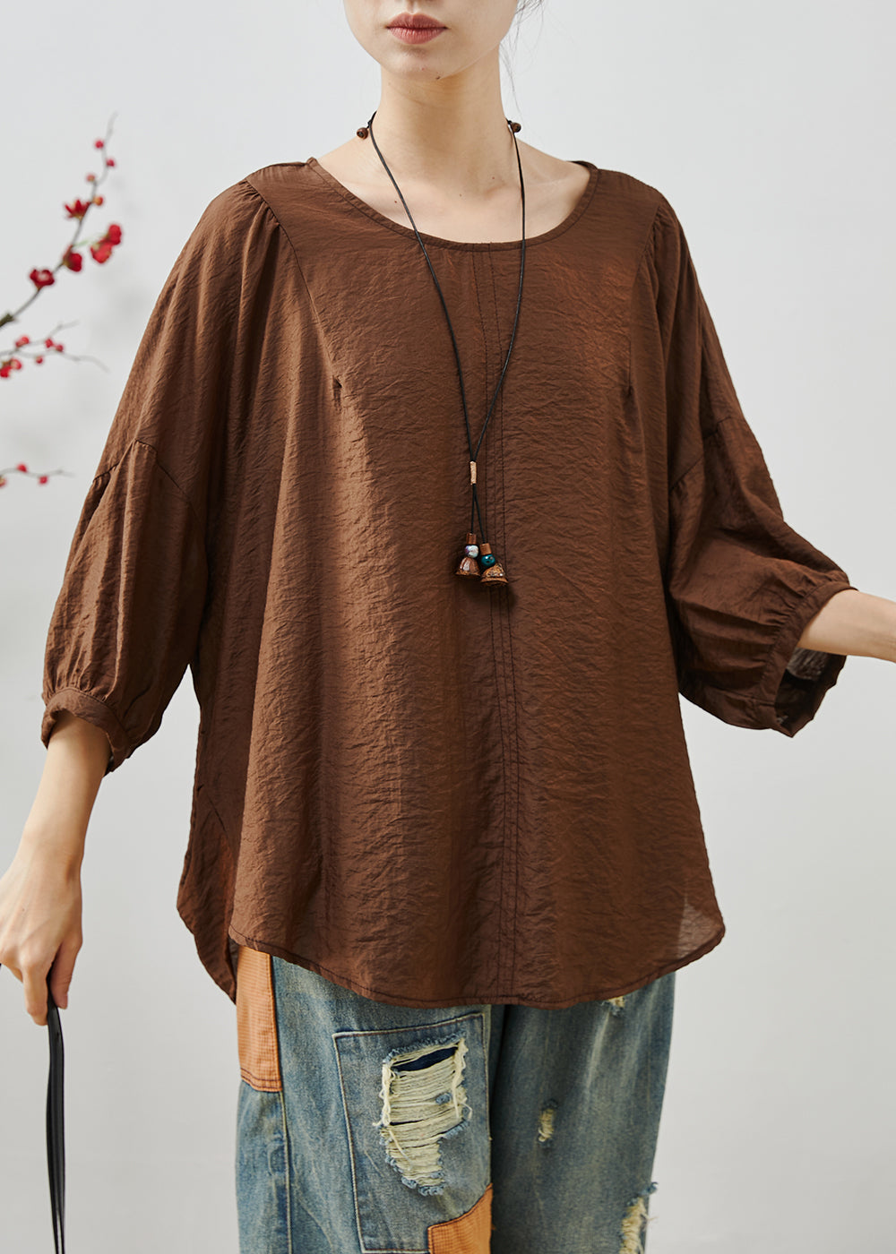 Chocolate Ruffles Cotton Loose Tops Batwing Sleeve