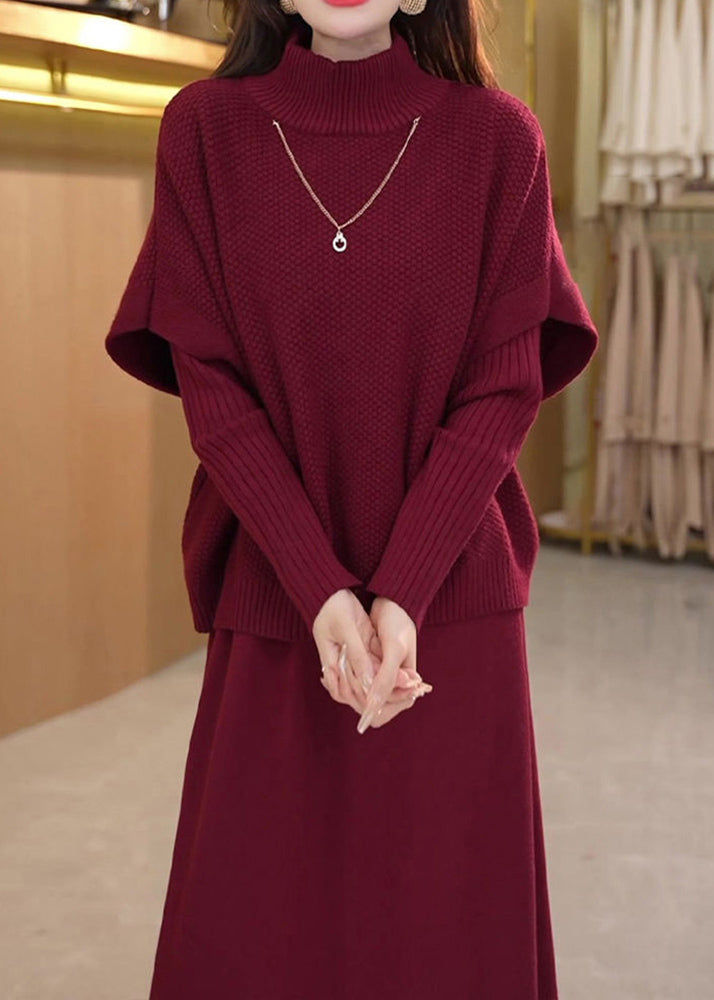 Art Mulberry Turtleneck Cotton Knit Top and Wide Leg Pants Two Piece Set Winter