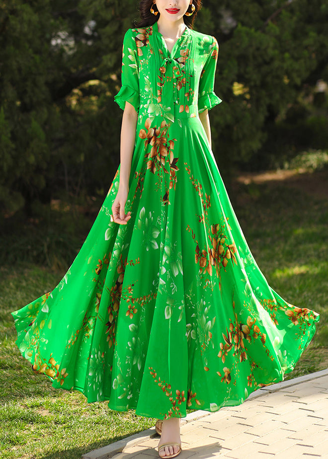 Green Ruffled Print Chiffon Maxi Dresses Summer