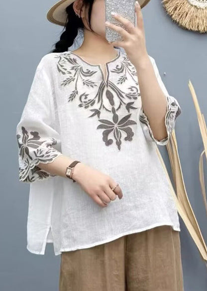 White Embroidered Cotton Shirt Tops Bracelet Sleeve