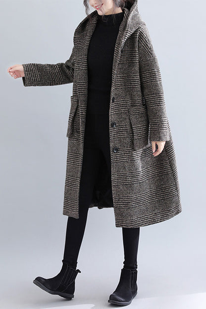 Woolen Coat Plaid Hooded Coat Mid-length Coat