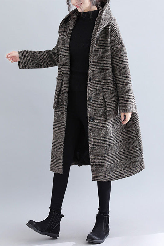 Woolen Coat Plaid Hooded Coat Mid-length Coat
