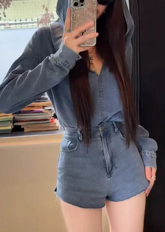 Blue Denim Hooded Top and Shorts Two Pieces Set Spring