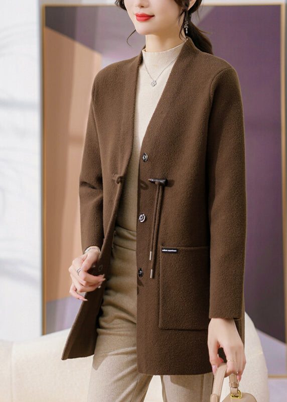 Coffee V Neck Pockets Woolen Coats Spring
