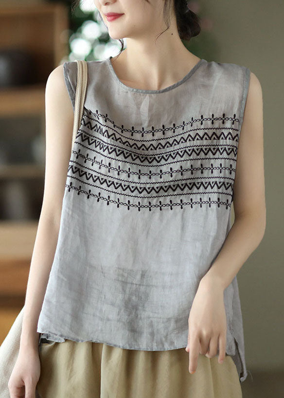 Grey Linen Tank Tops Button Embroidered Sleeveless