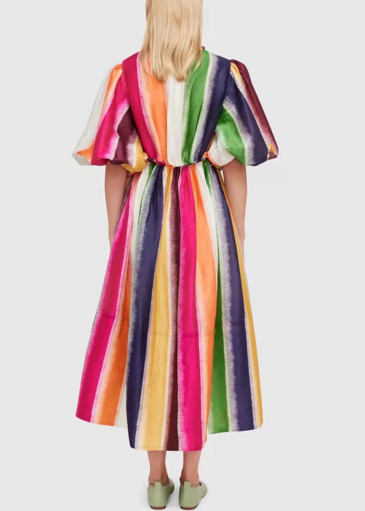 Rainbow V Neck High Waist Cotton Long Dress Summer
