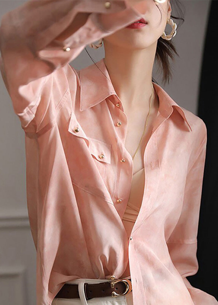 Pink Peter Pan Collar Button Chiffon Blouse Top Spring
