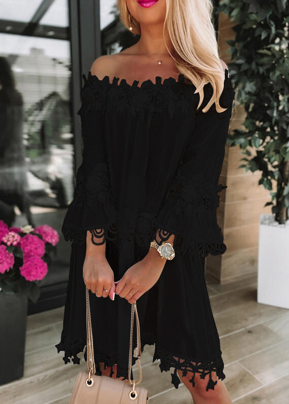 New European and American White Slash Neck Lace Patchwork Dress Summer