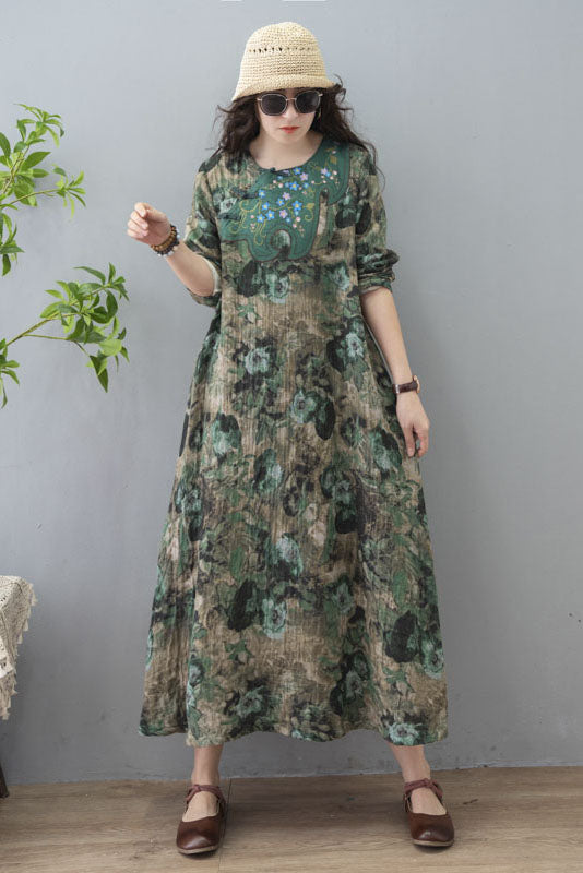Spring Retro Printed Long Skirt Long Sleeve Cotton Linen Dress