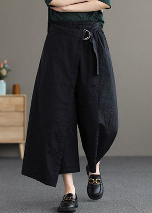 Black Asymmetrical Design Pockets Cotton Pants Summer