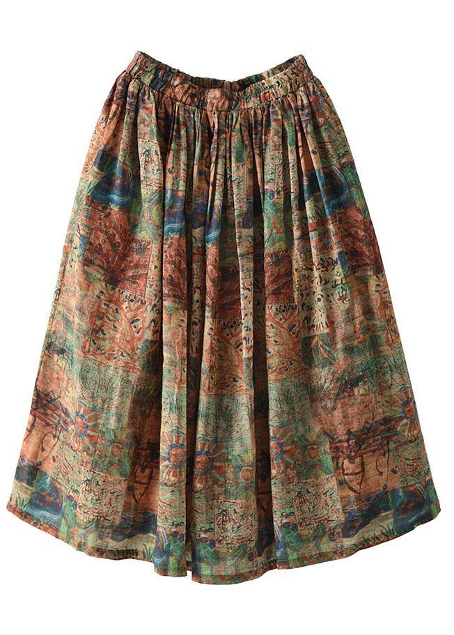 Brown Flower Ramie Elastic Waist Skirt