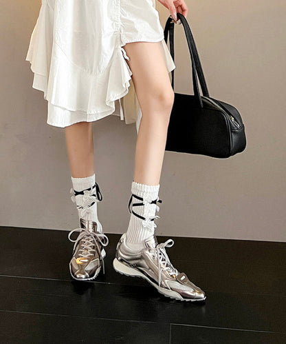 Silver Faux Leather Lace Up Splicing Sport Shoes Pointed Toe