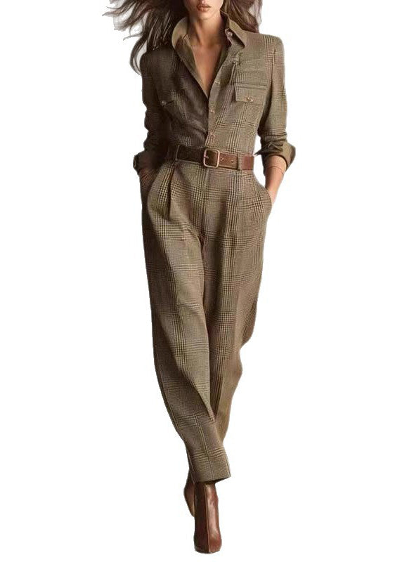 Modern Khaki Peter Pan Collar Plaid Cotton Jumpsuit Fall