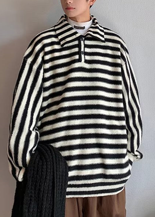 French Black Striped Button Knit Sweaters Winter