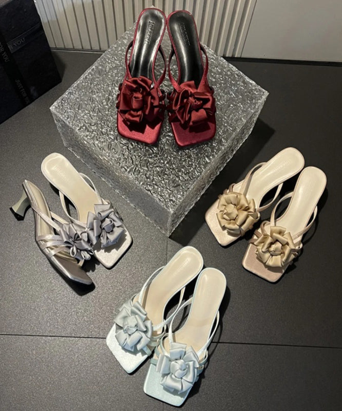 Classy Wine Red Satin High Heels Slide Sandals Peep Toe