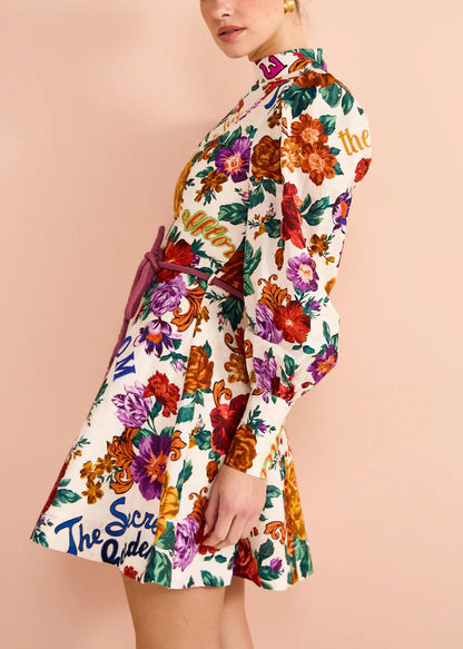 Multi Print Tie Waist Cotton Mid Dress Long Sleeve