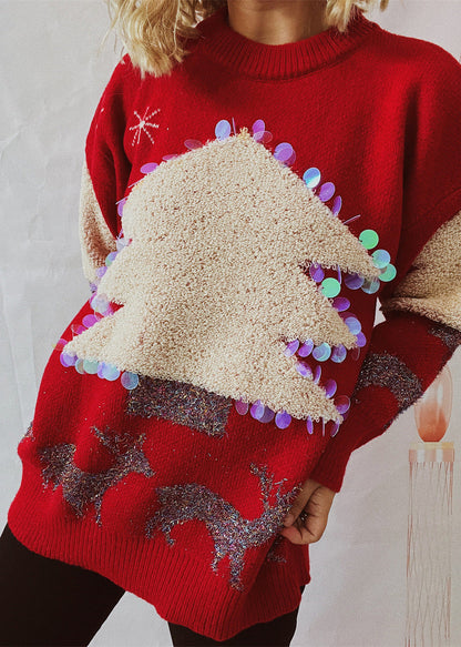 Stylish Red Christmas Tree Jacquard Sequins Thick Knit Sweaters Winter