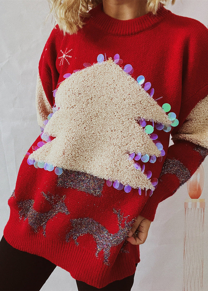 Stylish Red Christmas Tree Jacquard Sequins Thick Knit Sweaters Winter