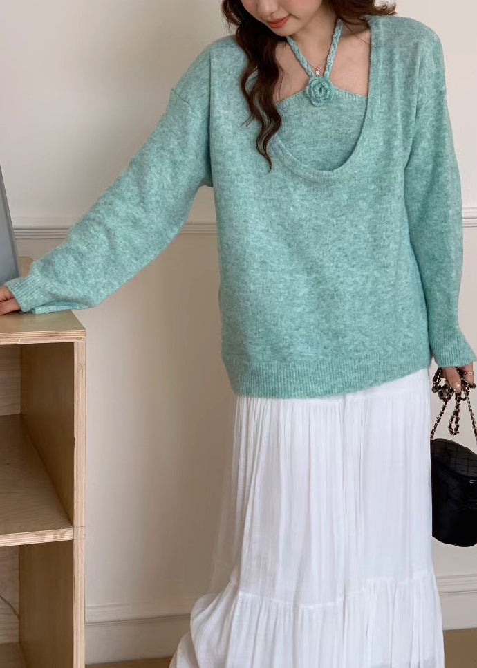 Boutique Blue U Neck Knit Sweaters Two Piece Set Winter