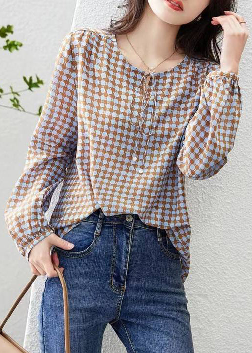 Coffee Print Lace Up Cotton Blouses Long Sleeve