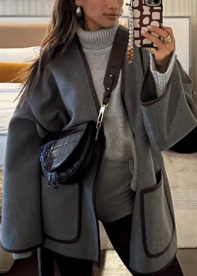 Grey Pockets Tie Waist Woolen Jacket Fall