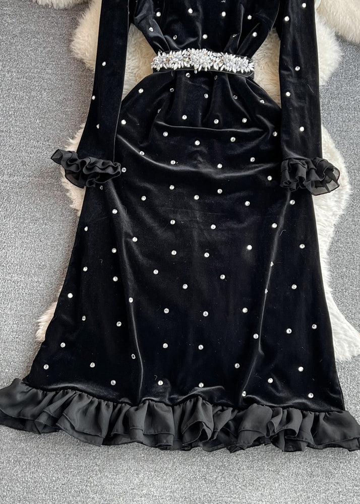 Black Ruffled Stand Collar Patchwork Zircon Flattering Silk Velvet Long Dresses Winter