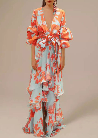 Orange V Neck Asymmetrical Designprint Chiffon Dress Spring
