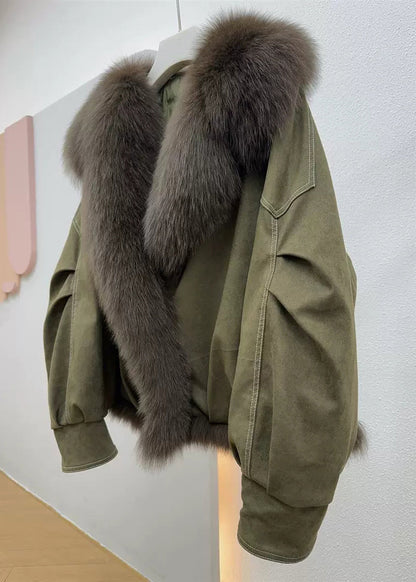 Loose Army Green Fur Collar Patchwork Fine Cotton Winter Coats Winter