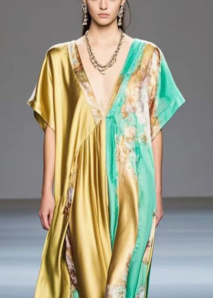 Golden Asymmetrical Design Print Silk Long Dress Summer