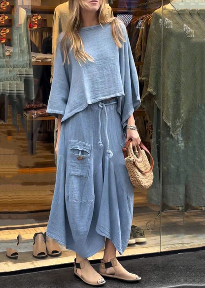 Blue Tops and Skirts Cotton Two Pieces Set Summer