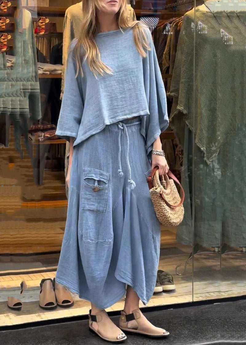 Blue Tops and Skirts Cotton Two Pieces Set Summer