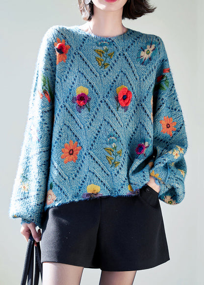 Blue O-neck Hollow Out Knit Sweaters Batwing Sleeve