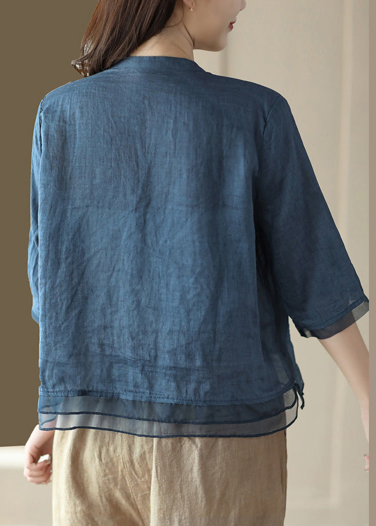 Blue V Neck Embroidered Ramie Shirt Half Sleeve