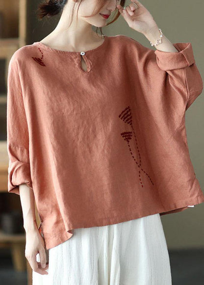 Fine Pink Oriental Retro O-neck Fall Linen Long Sleeve Blouse Tops