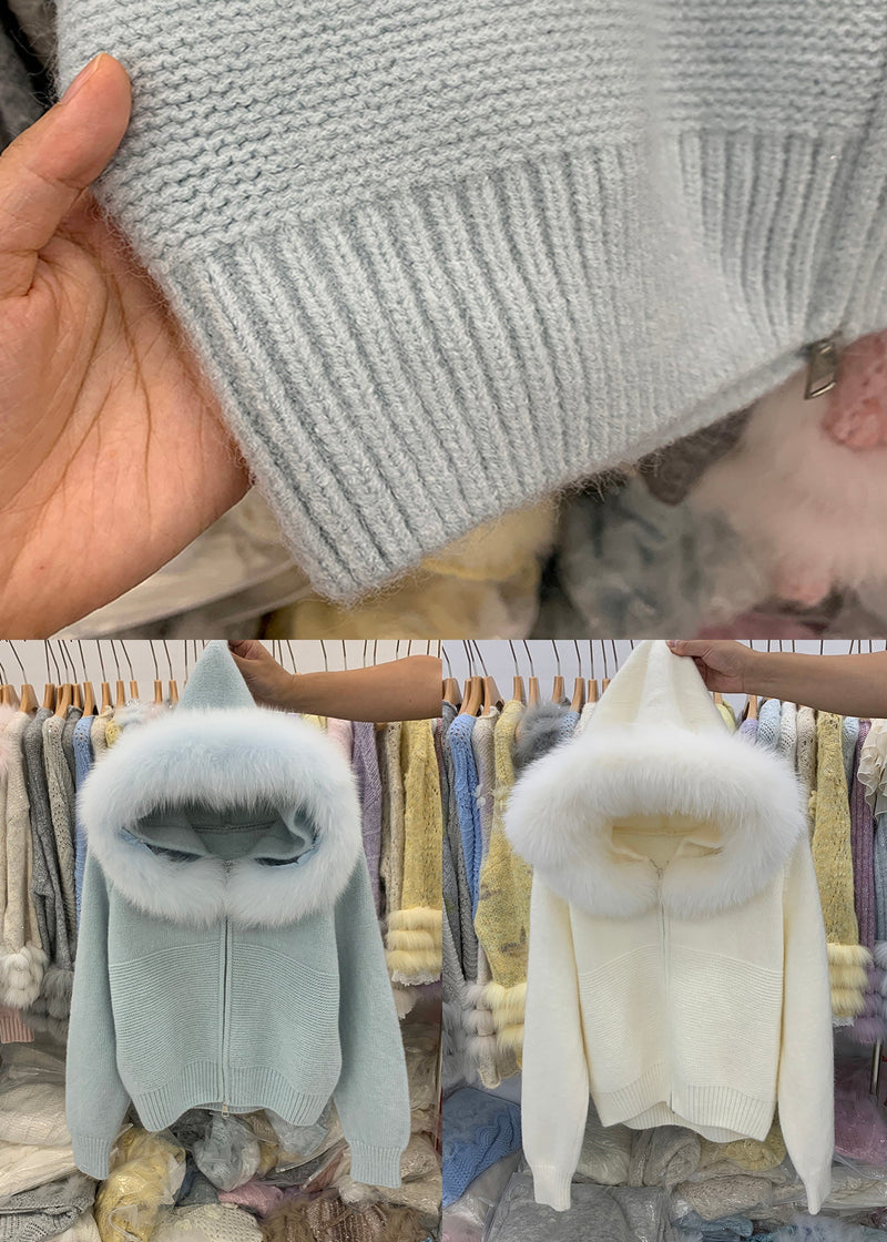 Beige Zippered Cozy Knit Winter Coats Fox Collar