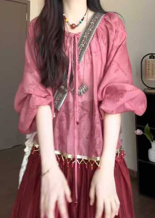 Loose Pink Tasseled Lace Up Cotton Shirt Fall