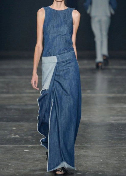 Blue Ruffled Patchwork Long Denim Dresses Sleeveless