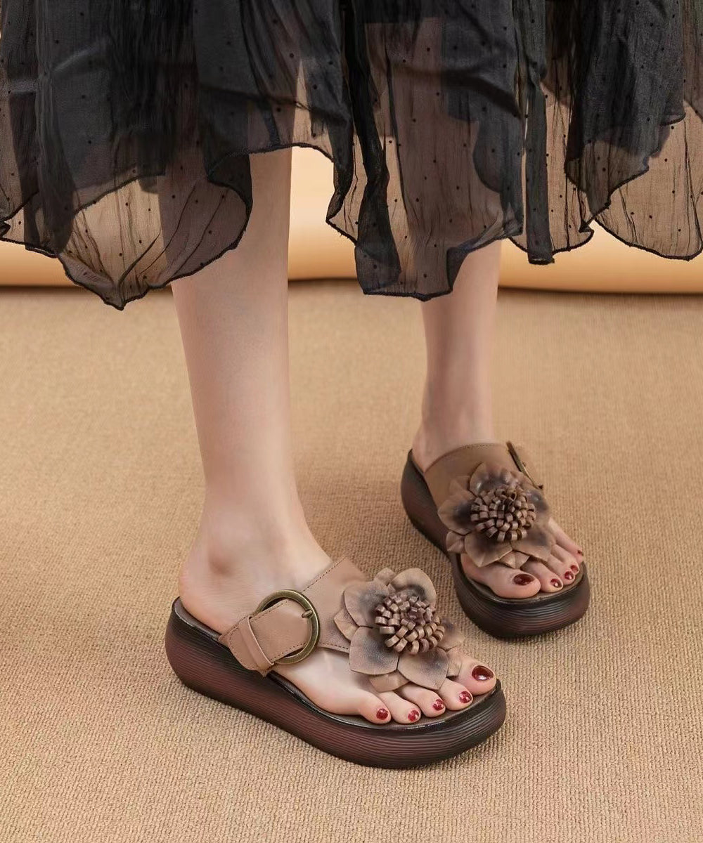 Cameo Brown Handmade Cowhide Leather Wedge Thong Sandals