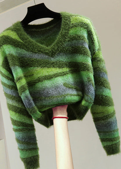 Green V Neck Thick Striped Cotton Knit Sweater Winter