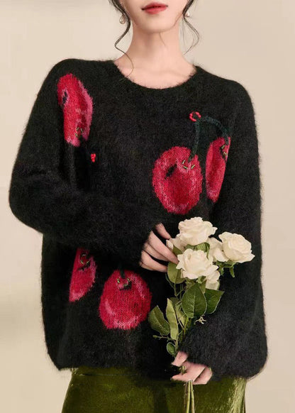 Novelty Black O-neck Print Cozy Cotton Knit Sweaters Fall