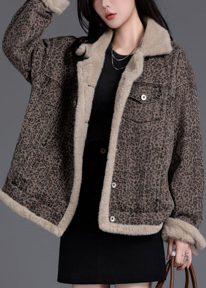 Brown Oversized Leopard Print Warm Fleece Jacket Winter