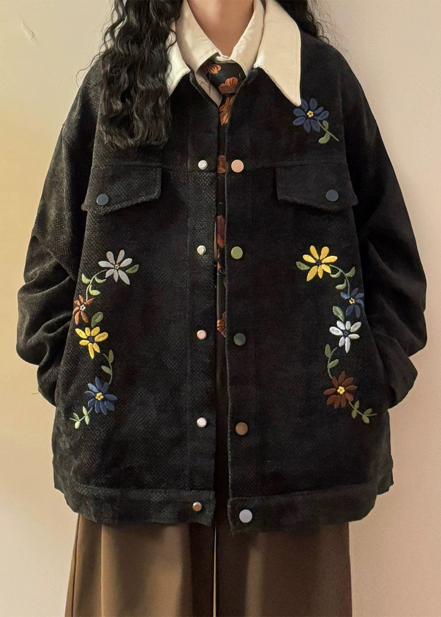 Black Embroidered Button Patchwork Cotton Coats Peter Pan Collar