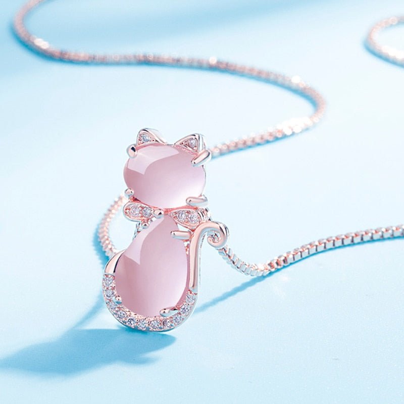 Pink Stone Cat Necklace With Zircon