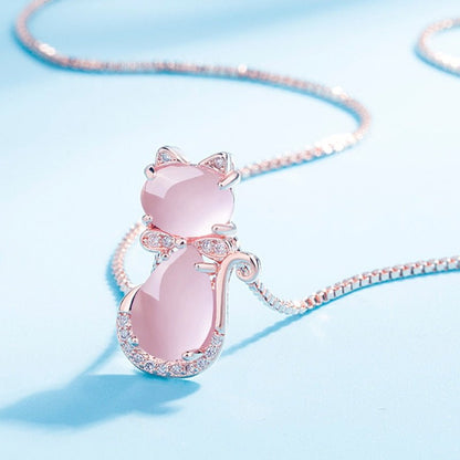 Pink Stone Cat Necklace With Zircon