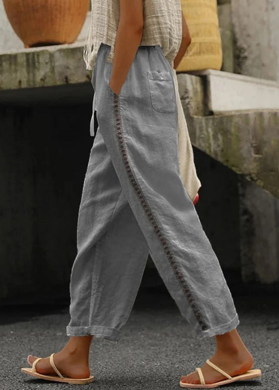 White Pockets Elastic Waist Cotton Crop Pants Summer